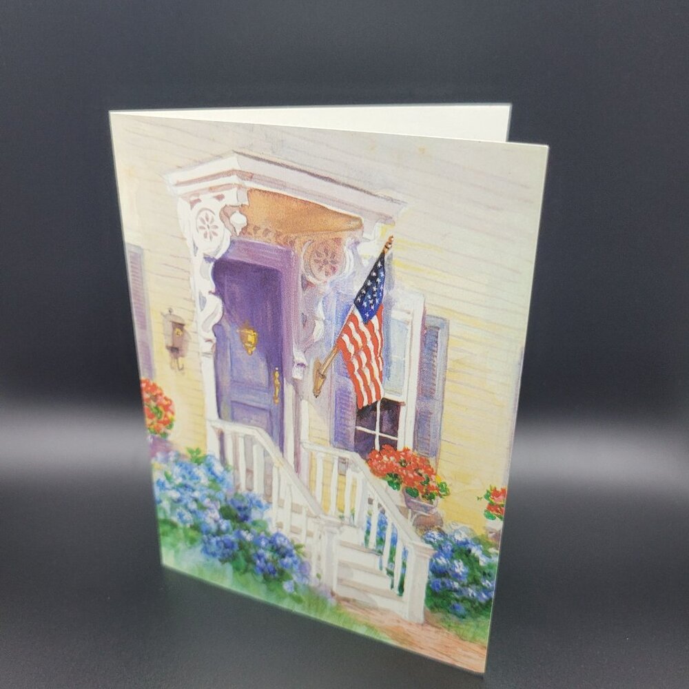 Vintage Greeting Card USA Flag Front Porch with Flowers Art Unused‎ Envelope
